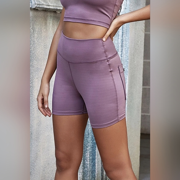 High Rise Wide Waistband Athletic Back Pocket Yoga Activewear Biker Shorts - Picture 7 of 10